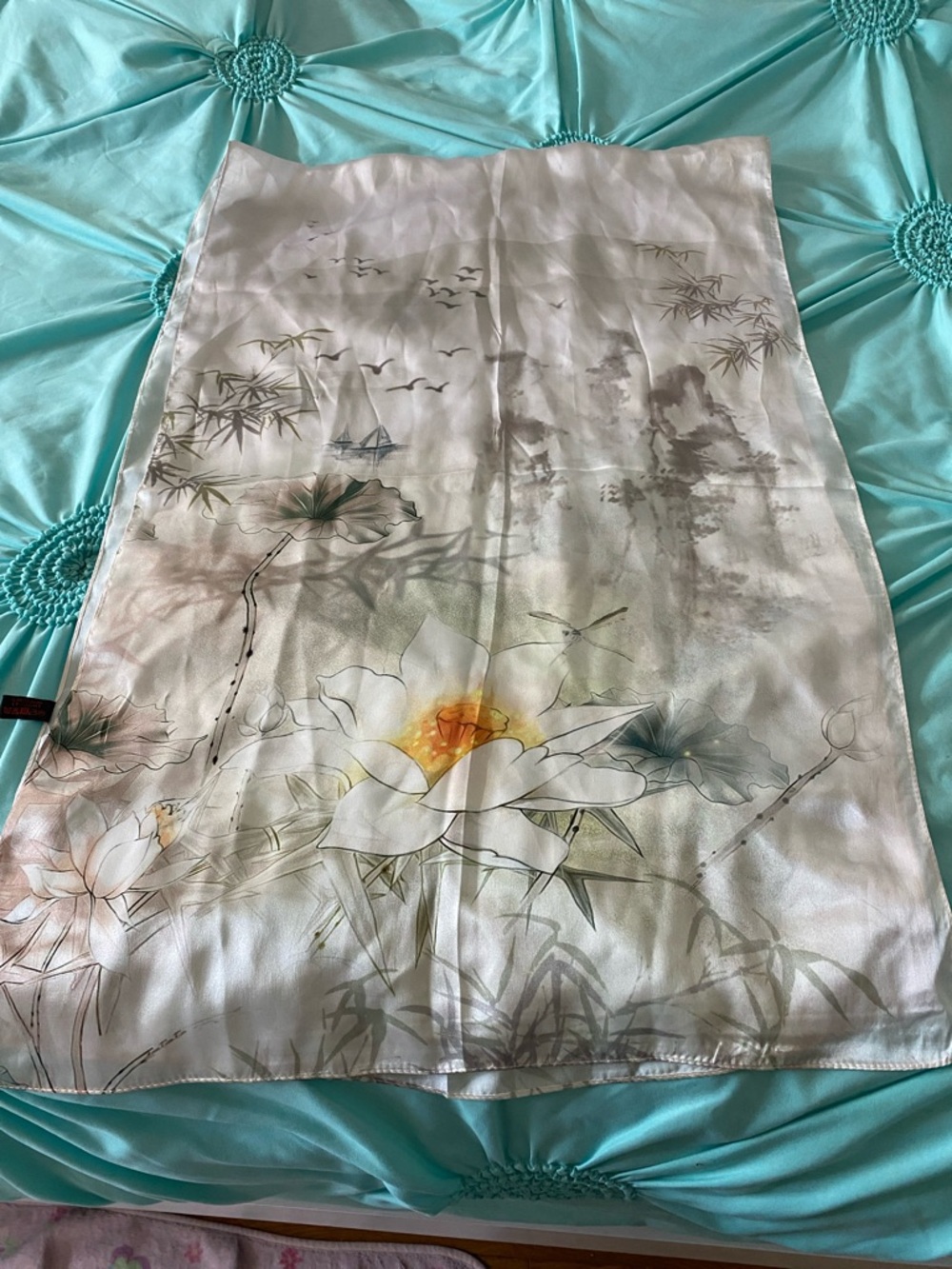 Floral Silk Scarf with Watercolor Lotus Design